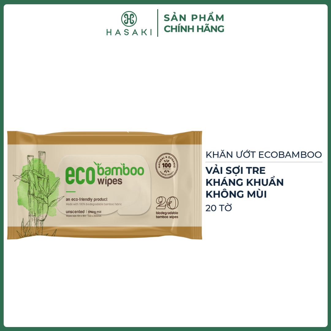 Khăn Ướt EcoWipes EcoBamboo Vải Sợi Tre Không Mùi Gói 20 Tờ 80 Tờ Hasaki Sản Phẩm Chính Hãng
