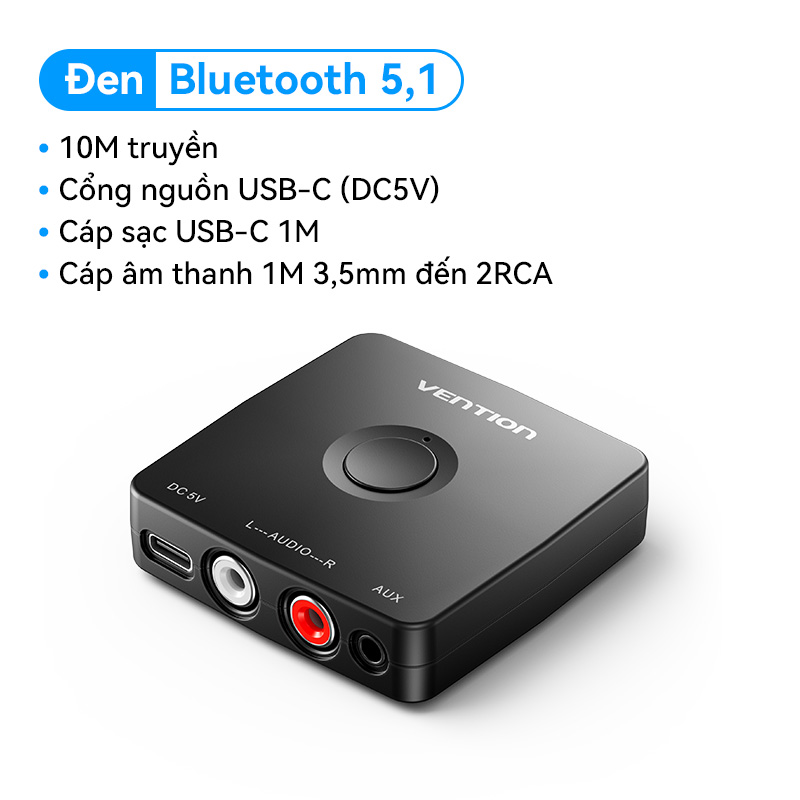 Vention Bluetooh 5.1 Receiver đầu chuyển âm thanh 2RCA 3.5 mét cổng AUX reciever cho loa khuếch đại