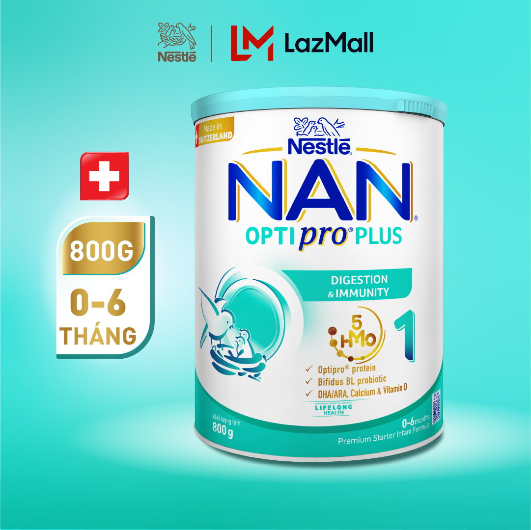 Sữa bột Nestlé NAN OPTIPRO PLUS 1 với 5HMO sản xuất tại Thụy Sĩ - Hộp 800g cho bé từ 0 - 6 tháng tuổi - Sữa công thức dinh dưỡng cho trẻ giúp hỗ trợ tiêu hóa đề kháng và phát triển toàn diện