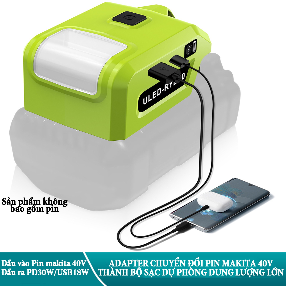 Adapter chuyển đổi pin Makita điện áp 40V thành bộ sạc dự phòng 18W cho các thiết bị di động có đèn 