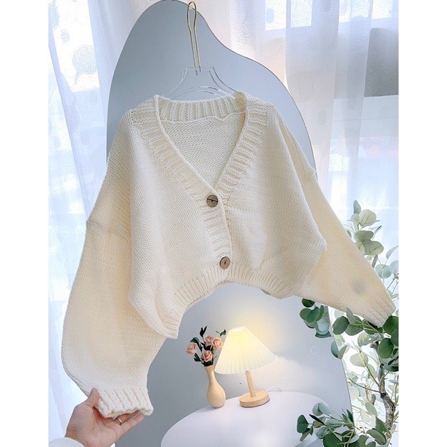 Áo Len Cardigan Trơn Croptop Nữ Màu Đen Gắn Nơ Xinh Xắn