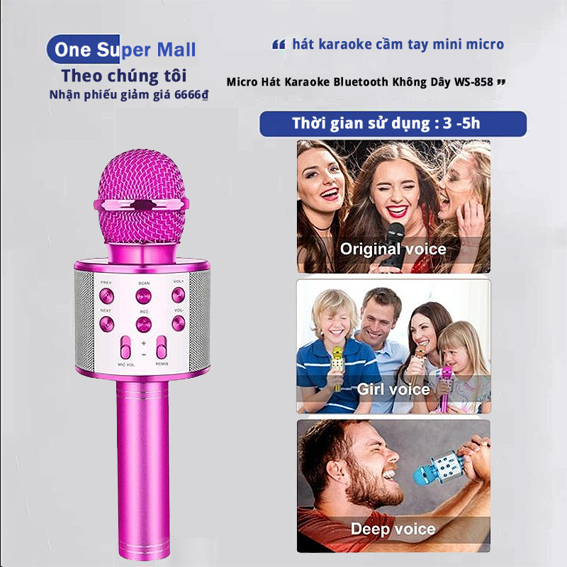 Micro Hát Karaoke Bluetooth Không Dây WS-858 Kèm loa Âm vang Ấm mic hát karaoke cầm tay mini micro h