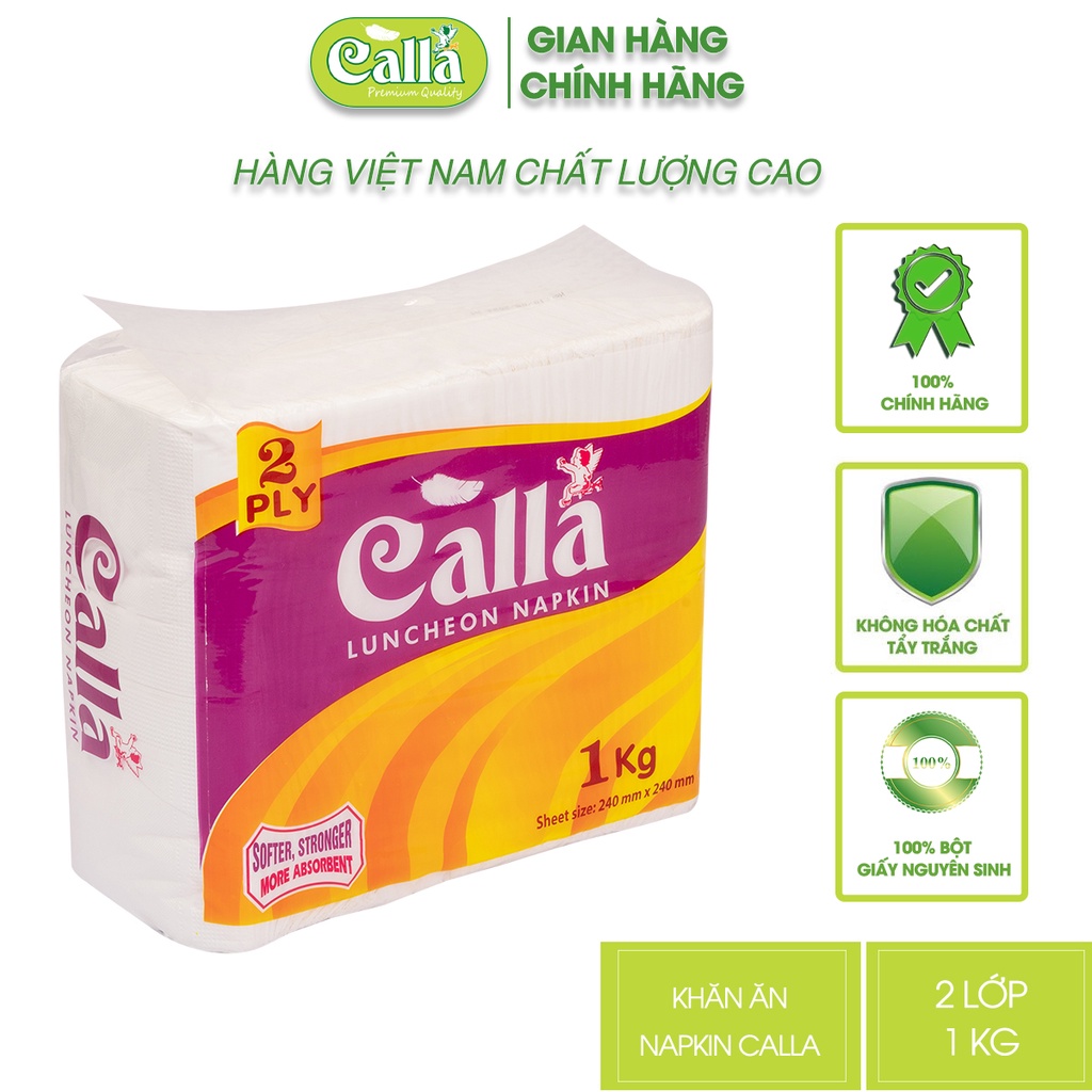 Khăn ăn Napkin Calla 2 lớpx1Kg khổ 24cm x 24cm mềm không mủn không tẩy trắng nguyên liệu giấy ngoại