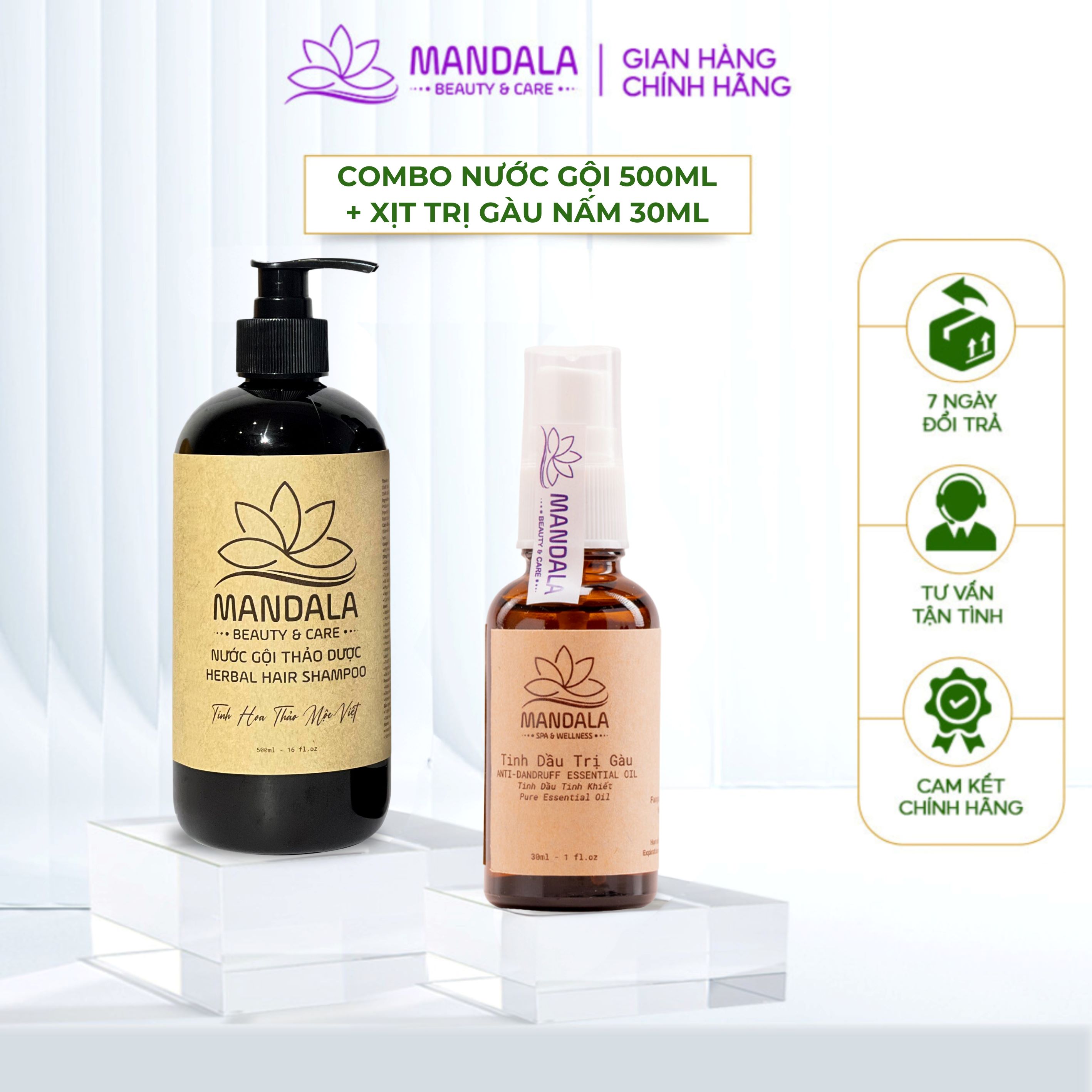 Combo Nước Gội Thảo Dược Mandala 500ml Tinh Dầu Thảo Mộc Dạng Xịt Dành Cho Da Đầu Gàu Nấm 30ml