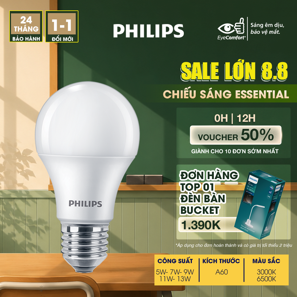 Bộ 03 Bóng đèn LED PHILIPS bulb Essential E27 9w ánh sáng trắng 6500K