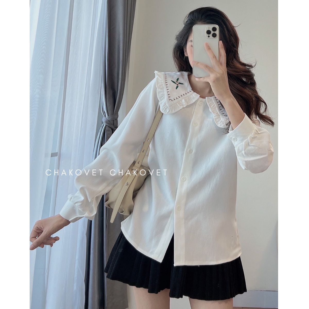 Áo sơ mi nhung dài tay cổ bèo nhọn A.8768áo thiết kế thêu hoa xinh xắn phong cách vintage thanh lịch