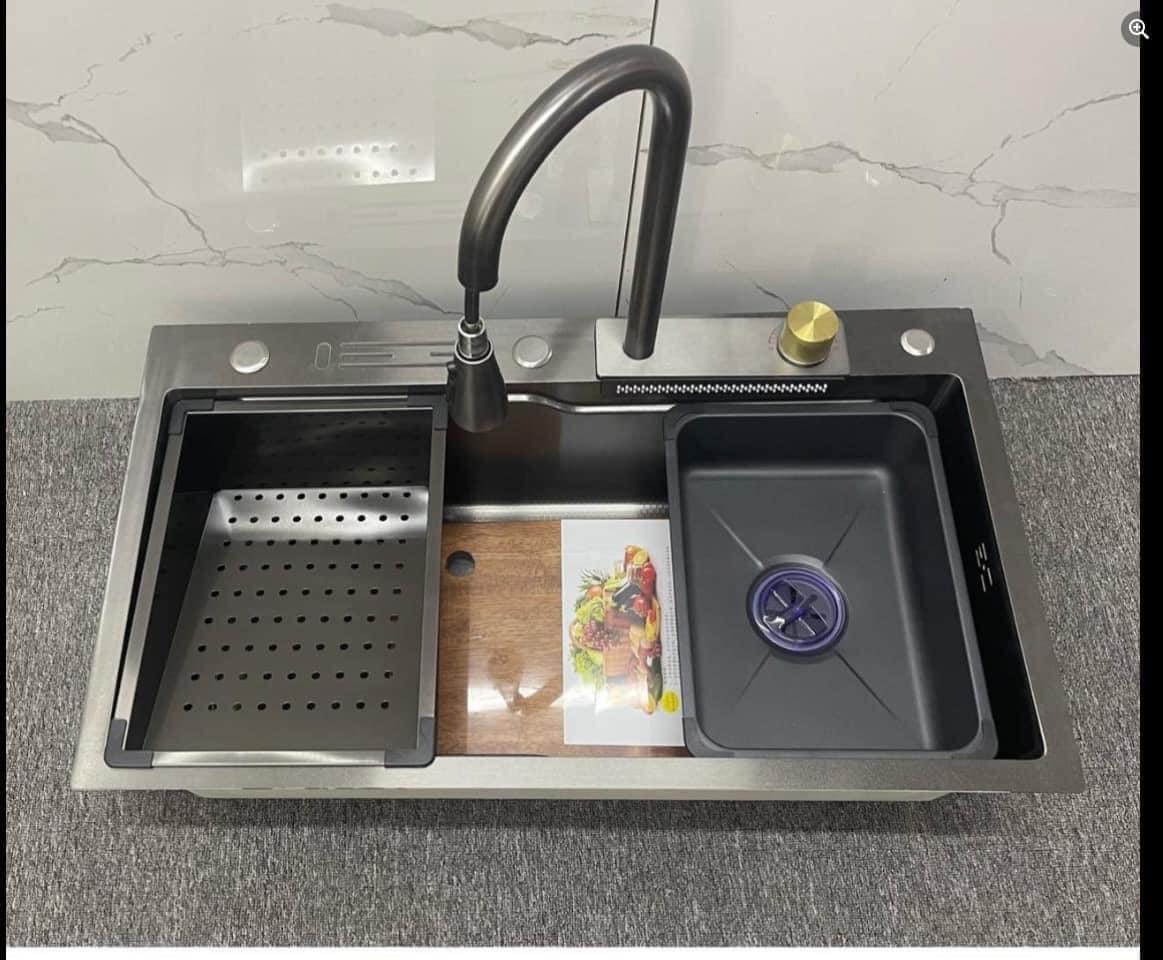 Chậu rửa bát 1 hố inox 304 cỡ lớn bồn rửa chén bát 1 hộc vòi rút thác nước xả ngang đa năng giá rẻ k
