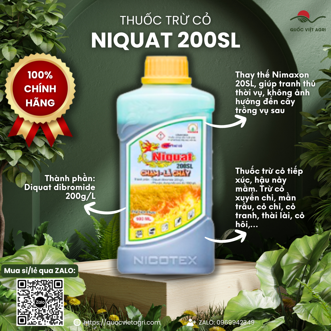 Thuốc trừ cỏ NIQUAT 200SL (chai 900ml) - Diquat dibromide 200g/l Trừ cỏ xuyến chi mần trầu cỏ chỉ cỏ
