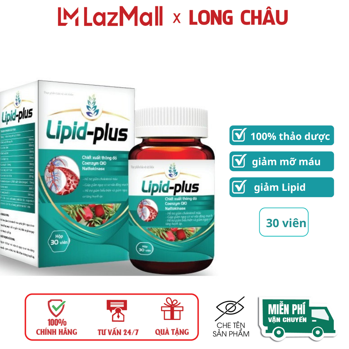 Viên uống giảm mỡ máu Lipid Plus giúp giảm Cholesterol chuyển hóa chất béo  - Hộp 30 viên