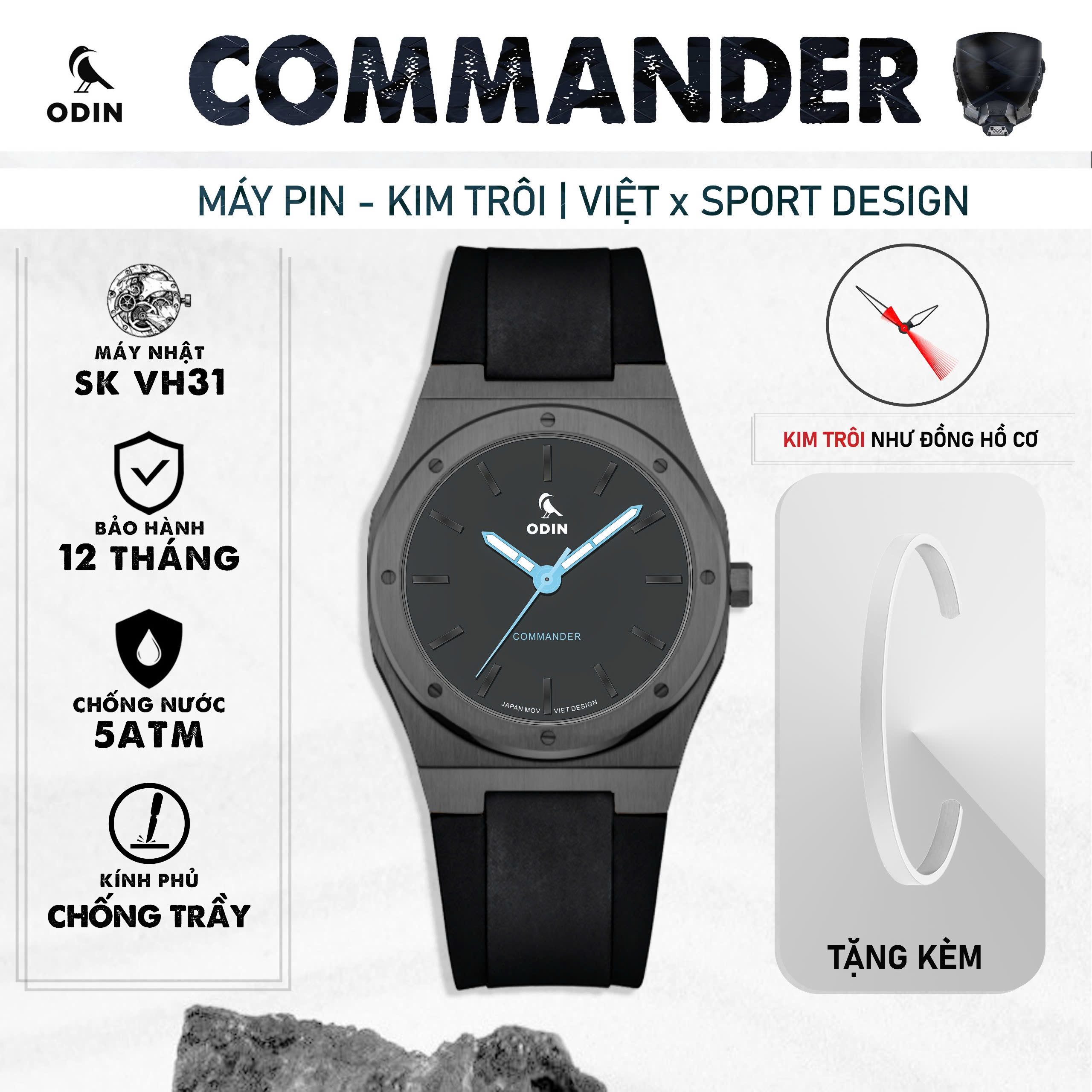 Đồng hồ Nam ODIN COMMANDER GREY METAL-Máy Pin Kim Trôi-Chính hãng Việt Nam máy Nhật VH31-chống nước 