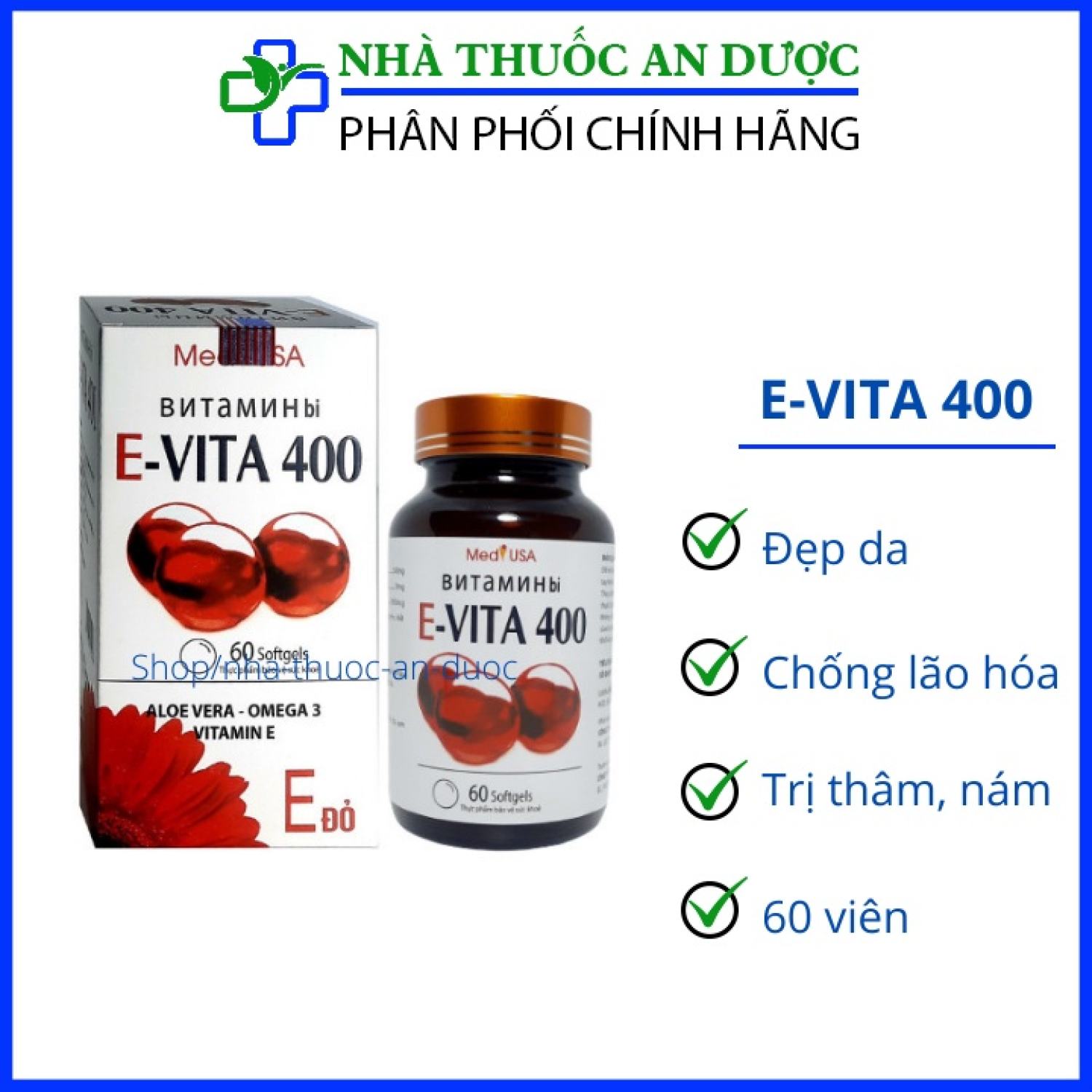 Vitamin E đỏ E-VITA 400 MED USA giúp làm đẹp da sáng da chống oxy hóa căn bằng nội tiết tố - Hộp 60 