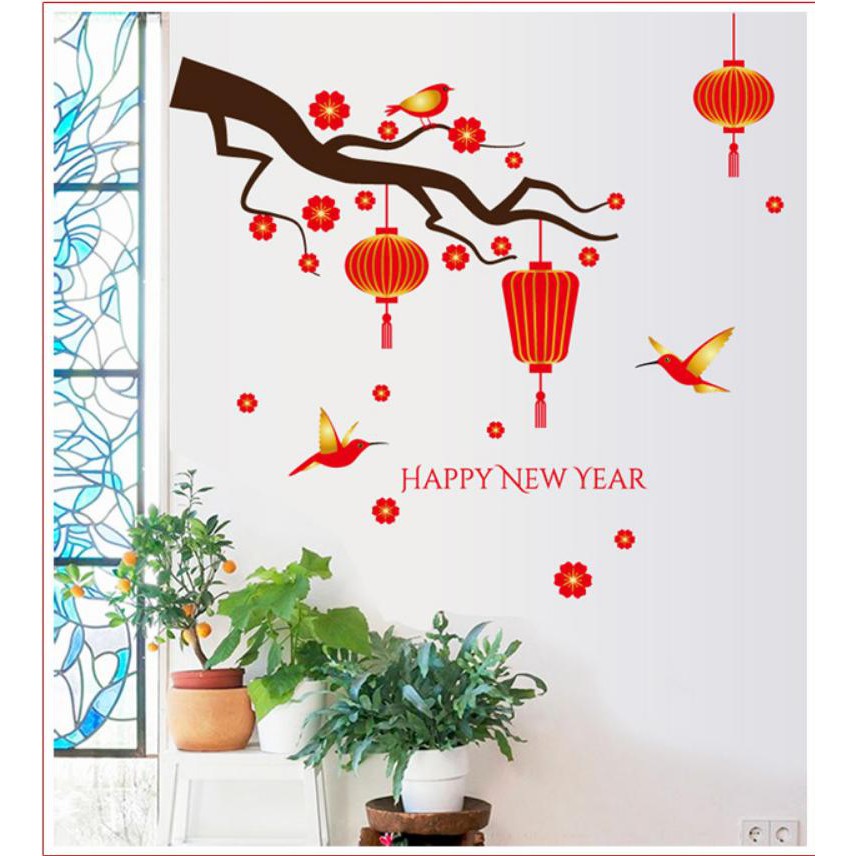 [HCM]Decal trang trí tết HAPPY NEW YEAR - cành mai đỏ chim én lồng đèn