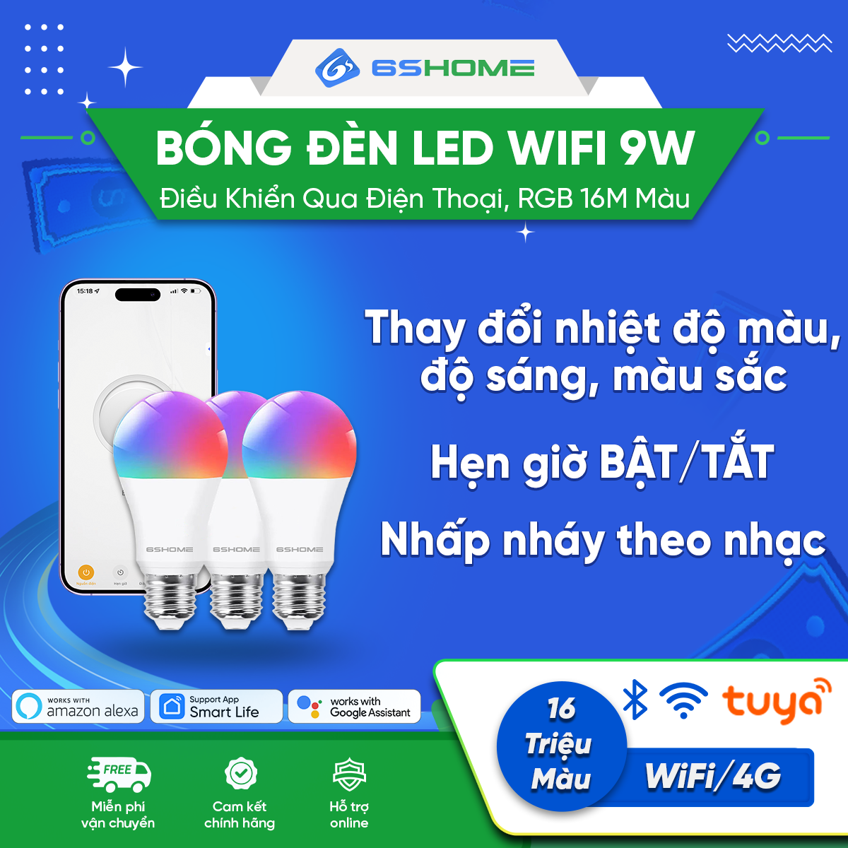 Bóng Đèn LED Wifi Thông Minh 6SHOME 9W Đổi Màu Hẹn Giờ Bật Tắt Từ Xa Điều Khiển Qua Điện Thoại RBG 1