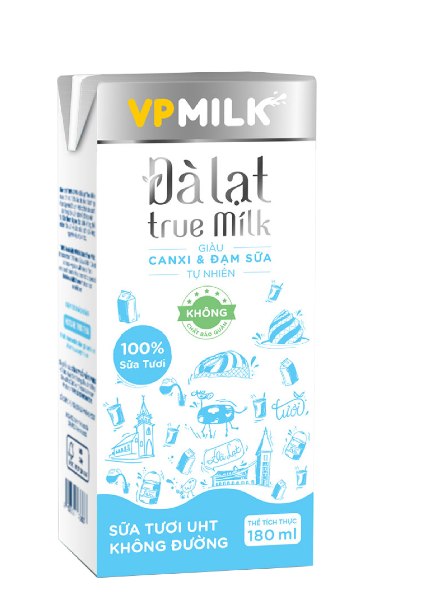 [6 lốc 180ml] Sữa Tươi Nguyên Chất UHT Đà Lạt True Milk Không Đường VPMilk