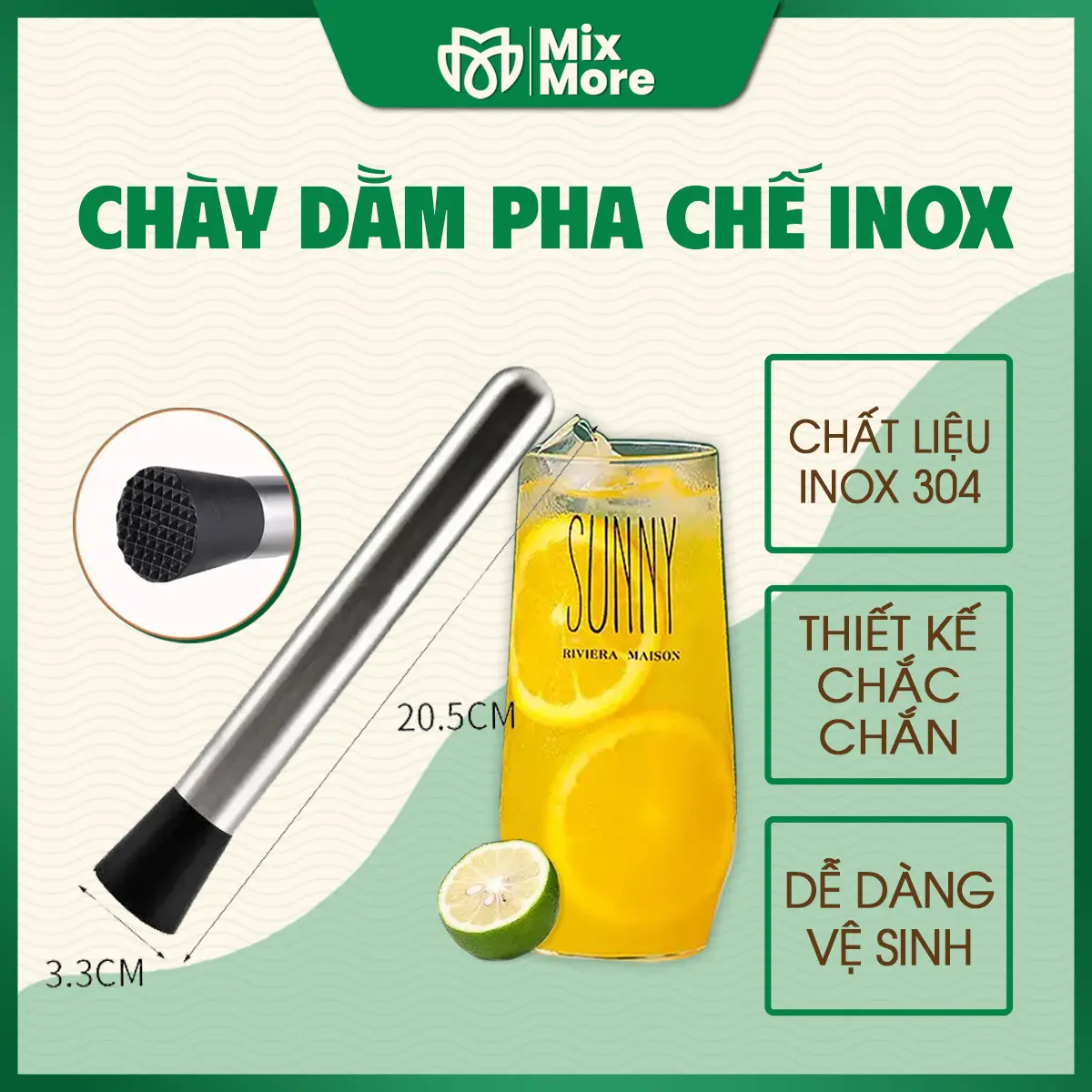 Chày dầm pha chế chày bar inox 304 đầu nhựa cao cấp Mixmore