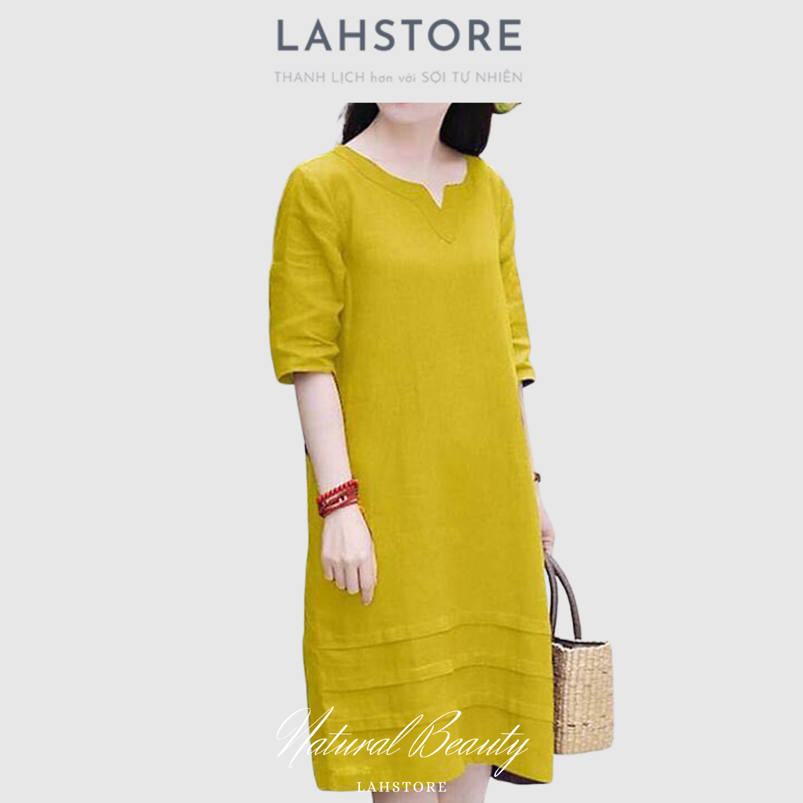 Đầm suông linen giấu bụng LAHSTORE tay lỡ cổ chữ V chất liệu linen mềm mát (Tím)