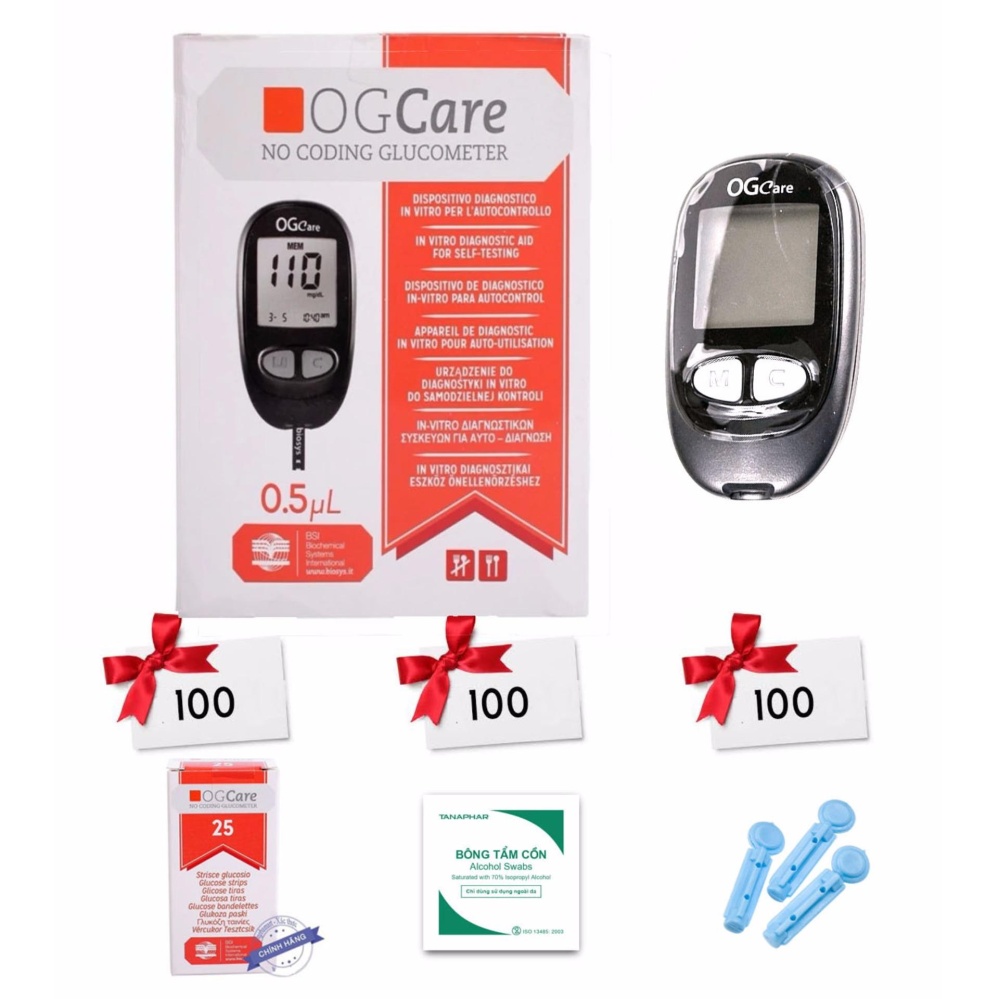 Máy đo đường huyết Ogcare Kèm 100 que thử 100 kim 100 bông tẩm cồn