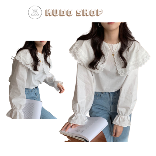 Áo sơ mi trắng thiết kế tiểu thư cổ hoa trơn bánh bèo áo kiểu nữ tay dài bo chun cho nữ mặc đi học đ