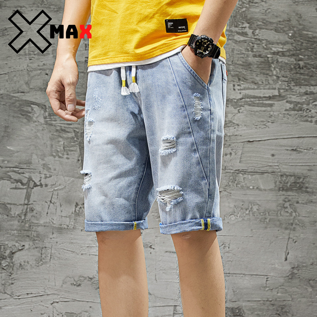 Quần short jean nam XMAX rách đùi phong cách hàn quốc quần đùi bò nam cạp chun có dây buộc chất co dãn thoải mái B017