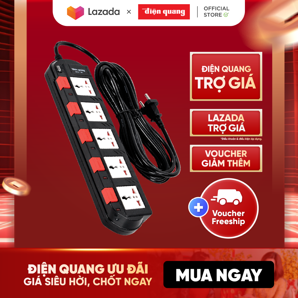Ổ cắm Điện Quang ĐQ ESK 2B.SM750SL (5 lỗ 3 chấu dây 2 mét màu Đen Trắng Đỏ) - Tương thích nhiều loại