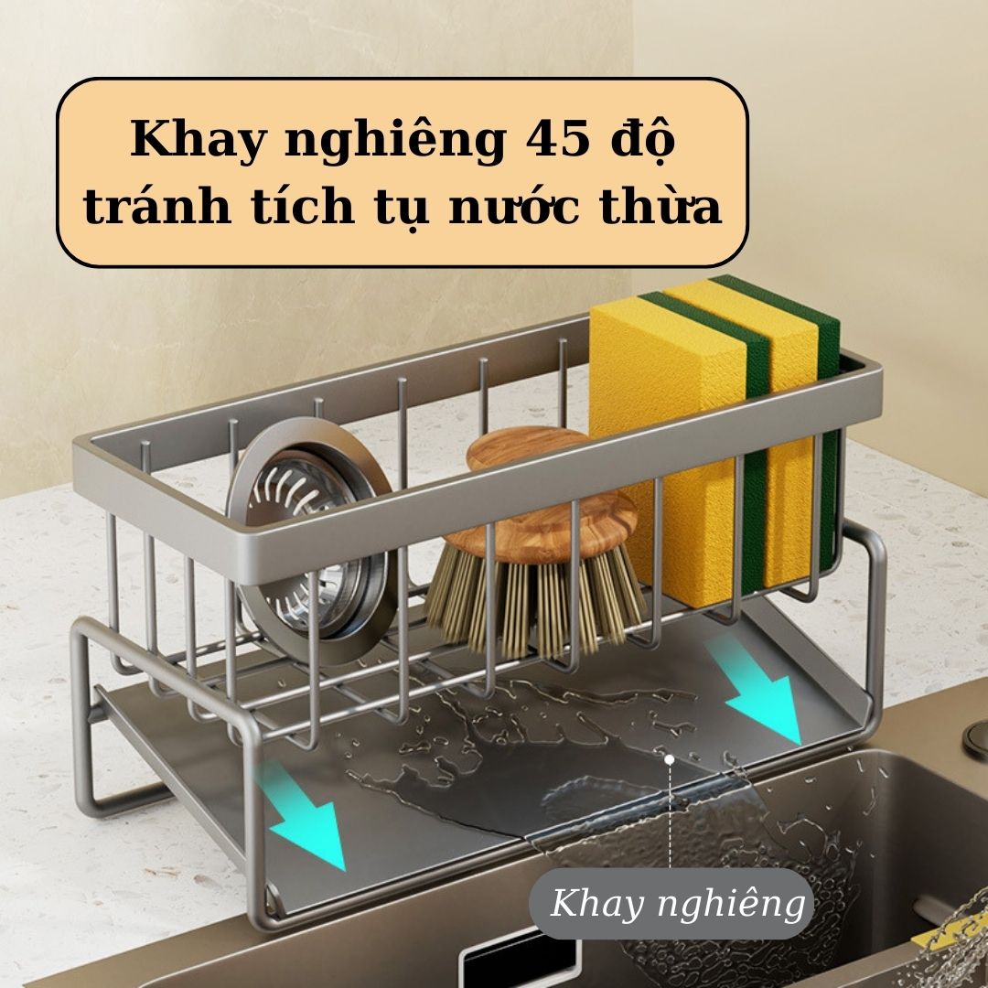 Kệ Đựng Đồ Rửa Chén Bát Chia Ngăn Có Khay Hứng Nước Nghiêng Kèm Miếng Dán Tường