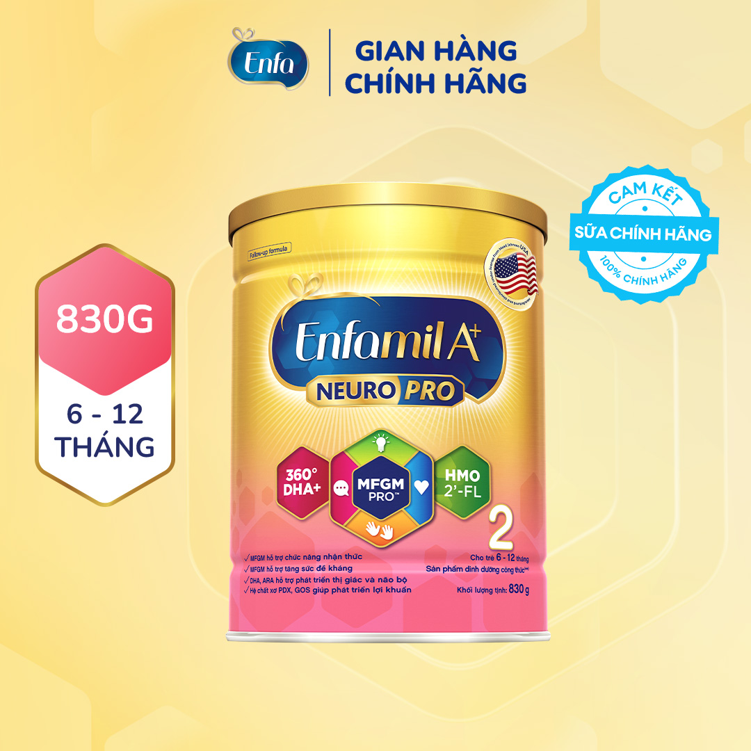 Sữa bột Enfamil A+ NeuroPro 2 Vị thanh mát 2FL HMO với dưỡng chất DHA & MFGM cho trẻ từ 6 –12 tháng tuổi– 830g