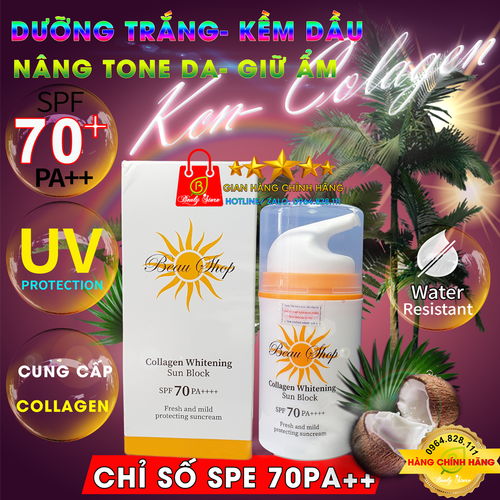 Kem chống nắng chứa collagen beau shop SPF70 nâng tone da kềm dầu dưỡng ẩm làm trắng- Beau shop Collagen Whitening Sun Block SPF 70 PA +++