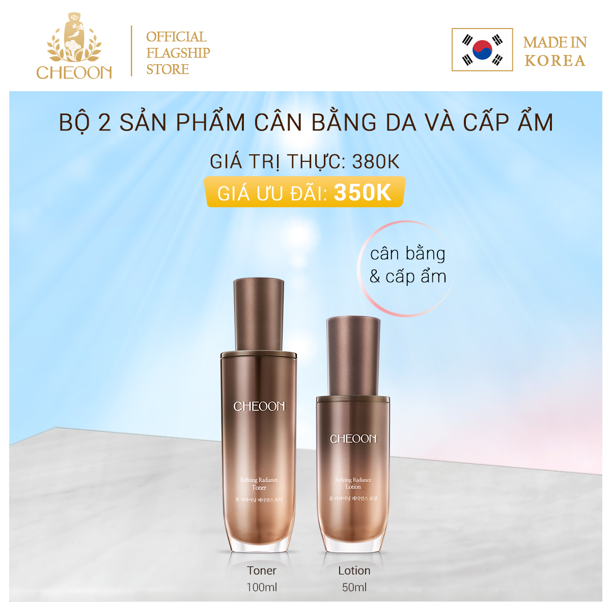 Bộ Sản Phẩm Chăm Sóc Da Cân Bằng Độ Ẩm Xóa Bỏ Nếp Nhăn Cho Làn Da Trắng Mềm Mịn Đều Màu Chiết Xuất Từ Thiên Nhiên Cheoon (Tinh Chất Cân Bằng Da Refining Radiance Toner 100Ml+Chất Dưỡng Ẩm Lotion 50Ml)