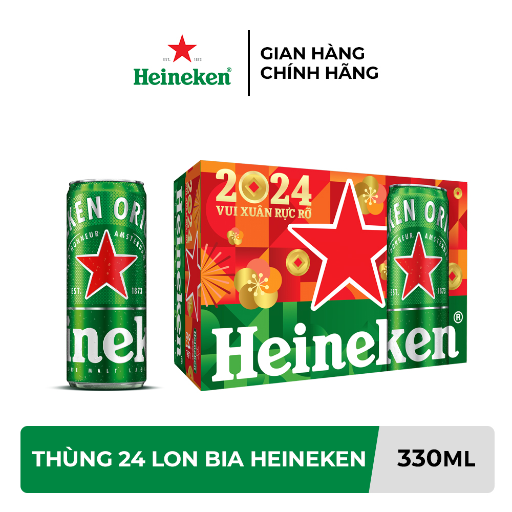 Thùng 24 lon bia Heineken 330ml/lon. Bao bì thường+ Bao bì xuân