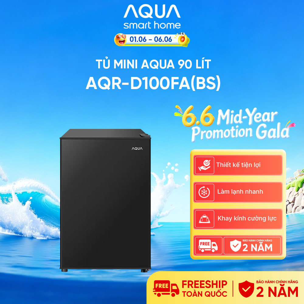 Tủ lạnh Aqua AQR-D100FA(BS) 90 lít - Mini 1 cánh, màu Đen, dung lượng lớn, tiết kiệm điện
