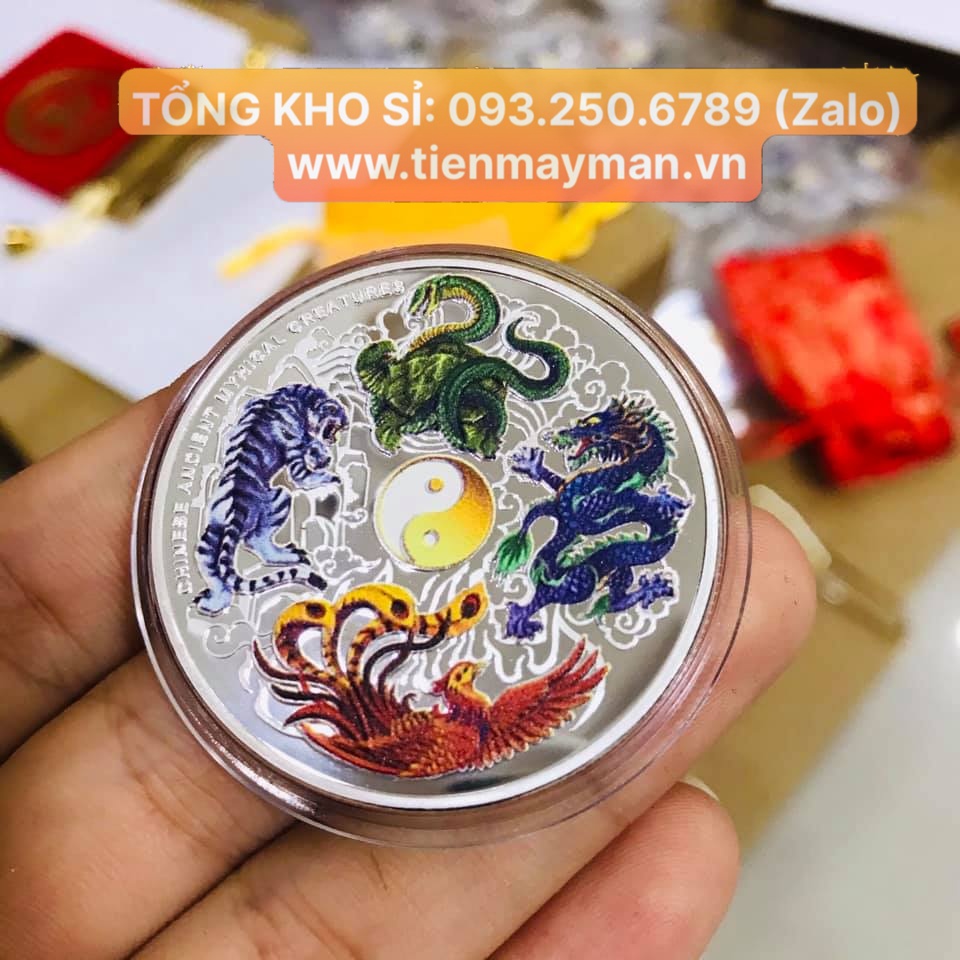 [BÁN CHẠY] Đồng Xu Tứ Linh Long Lân Quy Phụng sinh tài lộc may mắng kèm Túi Gấm Đỏ