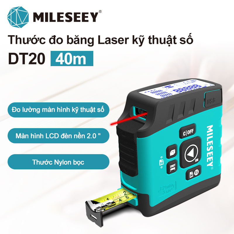 Mileseey Băng đo laser kỹ thuật số Tuscany DT20 3 trong 1 băng nguồn máy đo khoảng cách laser có thể