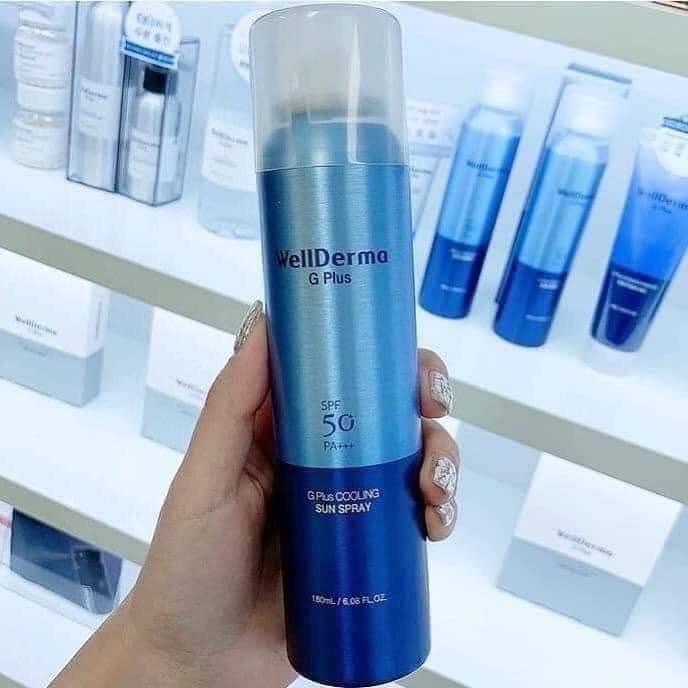 Xịt Chống Nắng Chống Trôi Giảm Nhiệt Làm Mát Da Wellderma G Plus Cooling Sun Spray 180Ml