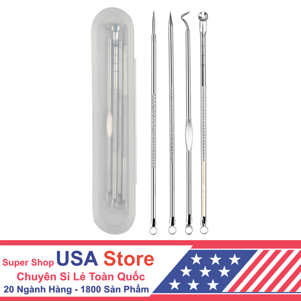 Bộ Dụng Cụ Trị Mụn - Lấy Mụn Chuyên Nghiệp - Inox - 4 In 1 - Hộp Nhựa Cao Cấp