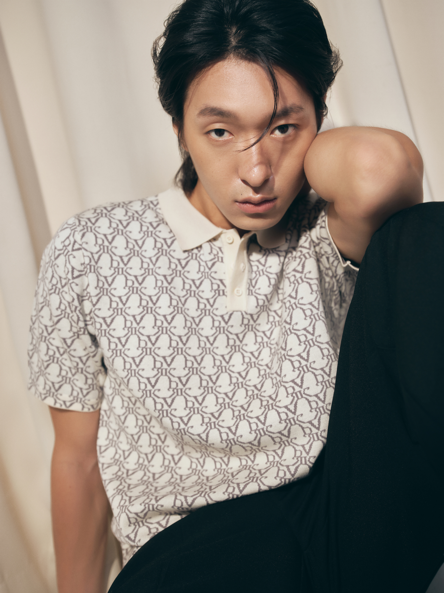 DVRK - Áo Polo Dệt Kim Họa Tiết Monogram Cream - DVRK-23FW