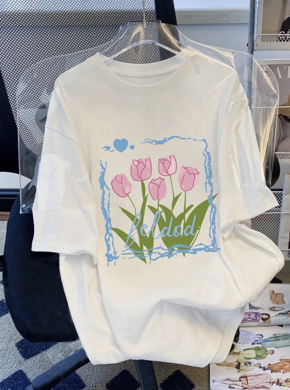 Áo thun nữ form rộng in Hoa Tulip phối màu Xanh Hồng  thun cotton cực xinh