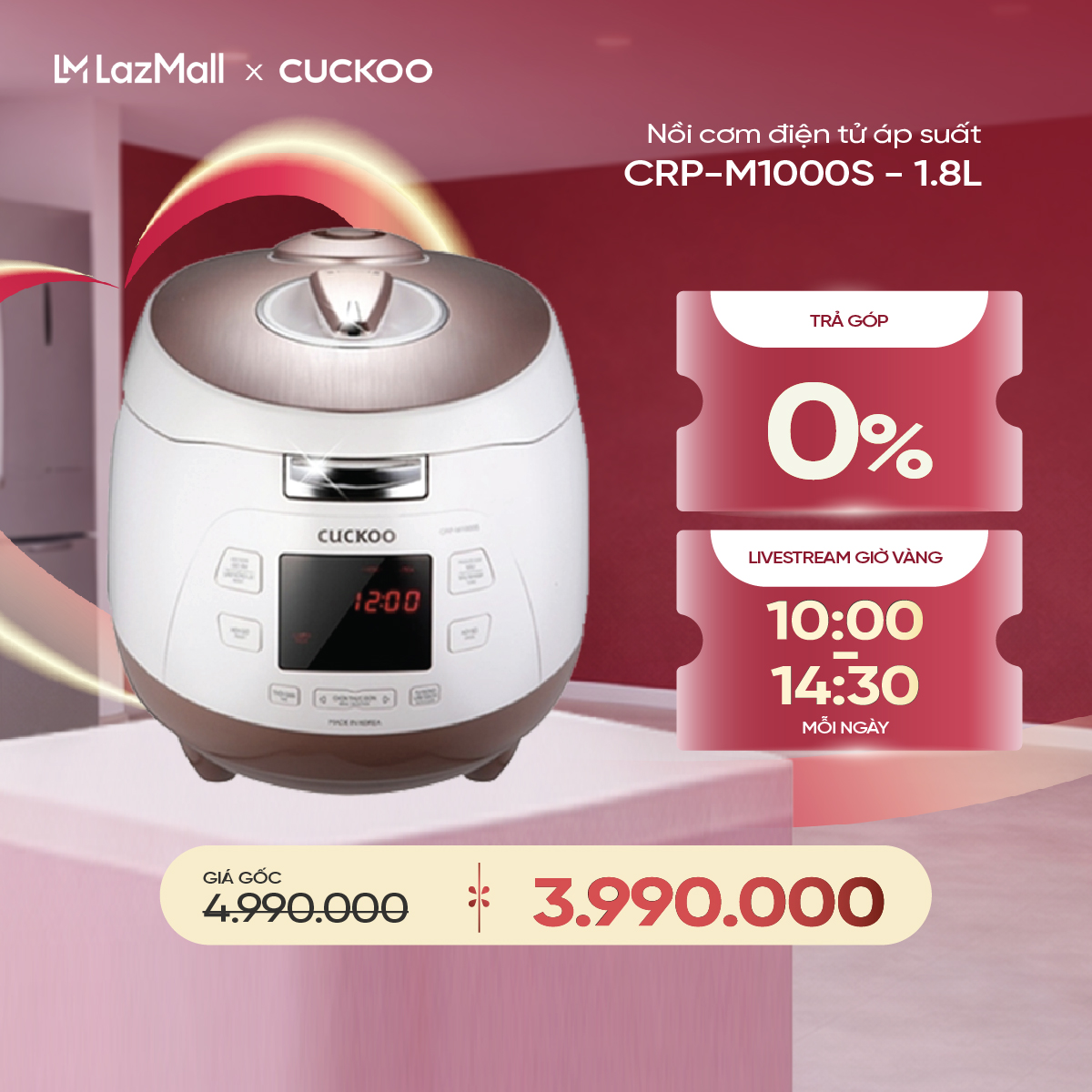 Nồi cơm điện tử áp suất Cuckoo CRP-M1000S 1.8L, Trắng - Hàn Quốc