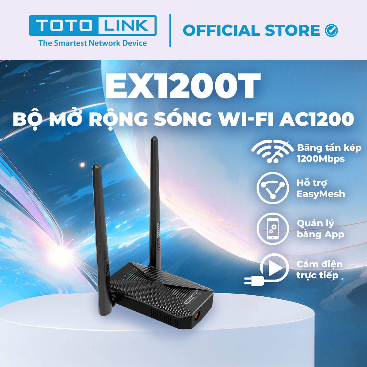 Bộ mở rộng sóng Wi-Fi băng tần kép chuẩn AC1200Mbps TOTOLINK EX1200T_V2 Cục kích sóng wifi tốc