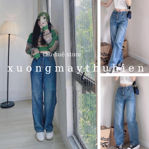 Quần jean nữ ống rộng dáng suông trơn ulzzang phong cách Hàn Quốc/ Quần denim 1 cúc dáng dài trẻ trung năng động xuongmaythuhien