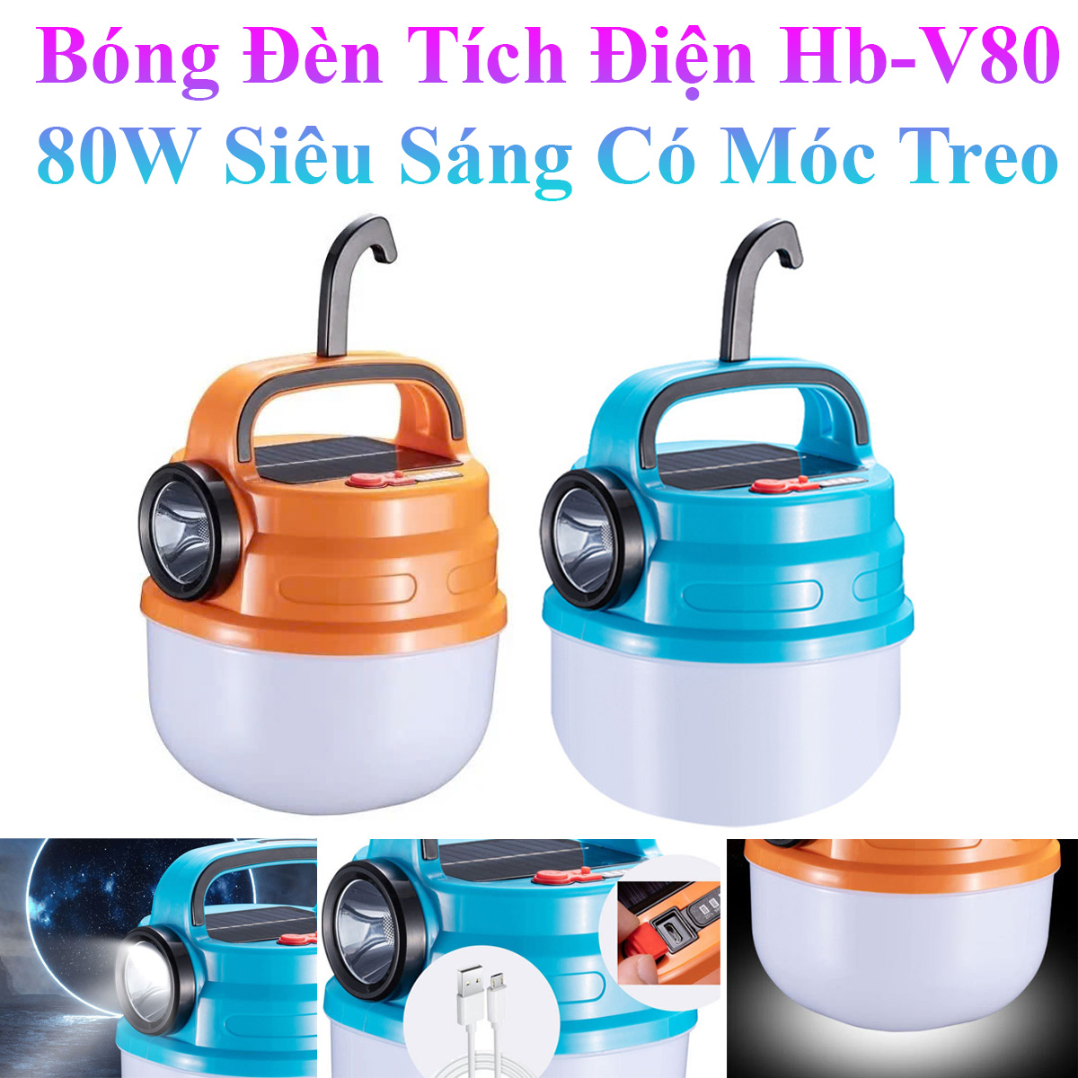 Bóng Đèn Tích Điện Hb-V80 80W Siêu Sáng Có Móc Treo Tiện Lợi Tích Hợp Đèn Pin Có Sạc Năng Lượng Mặt