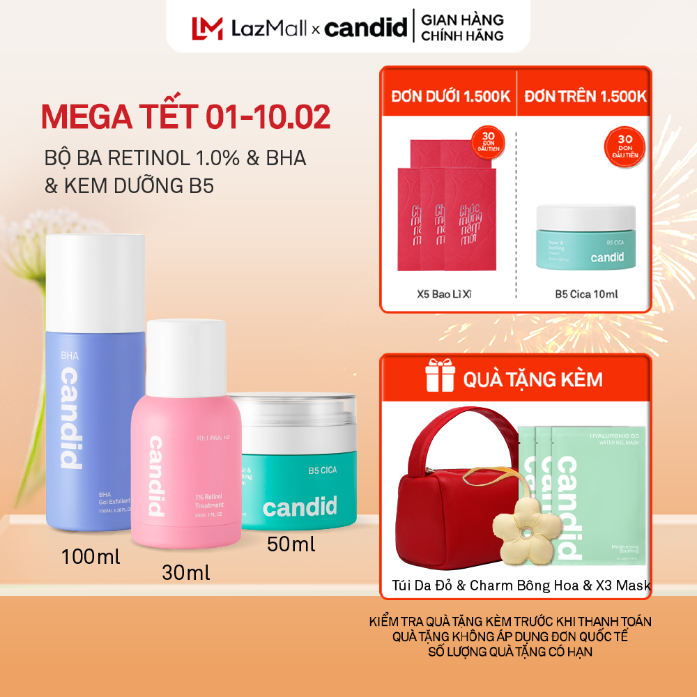 Bộ Ba Hỗ Trợ Cải Thiện Và Phục Hồi Da Candid Retinol 1.0% 30ml & Kem Dưỡng B5 Cica 50ml & BHA 100ml