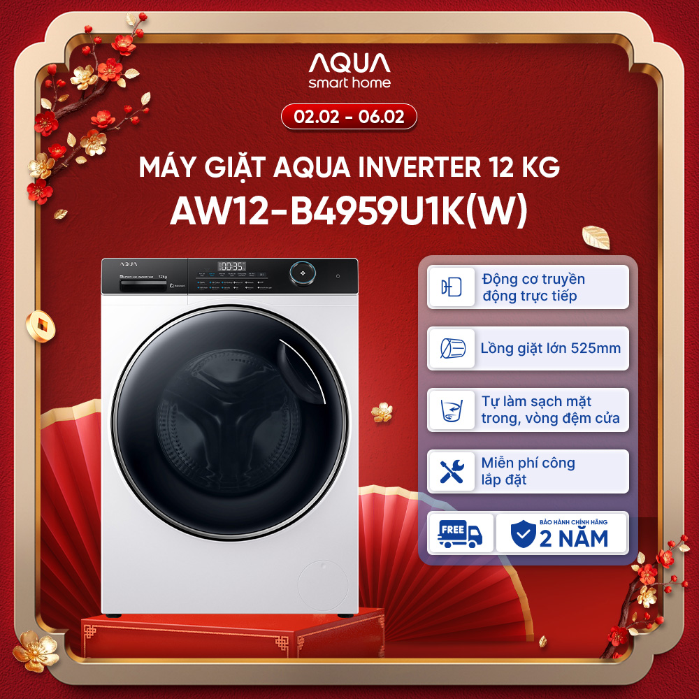 Máy giặt lồng ngang Aqua Inverter 12kg AW12-B4959U1K(W) - Miễn phí giao hàng toàn quốc - Hỗ trợ lắp 
