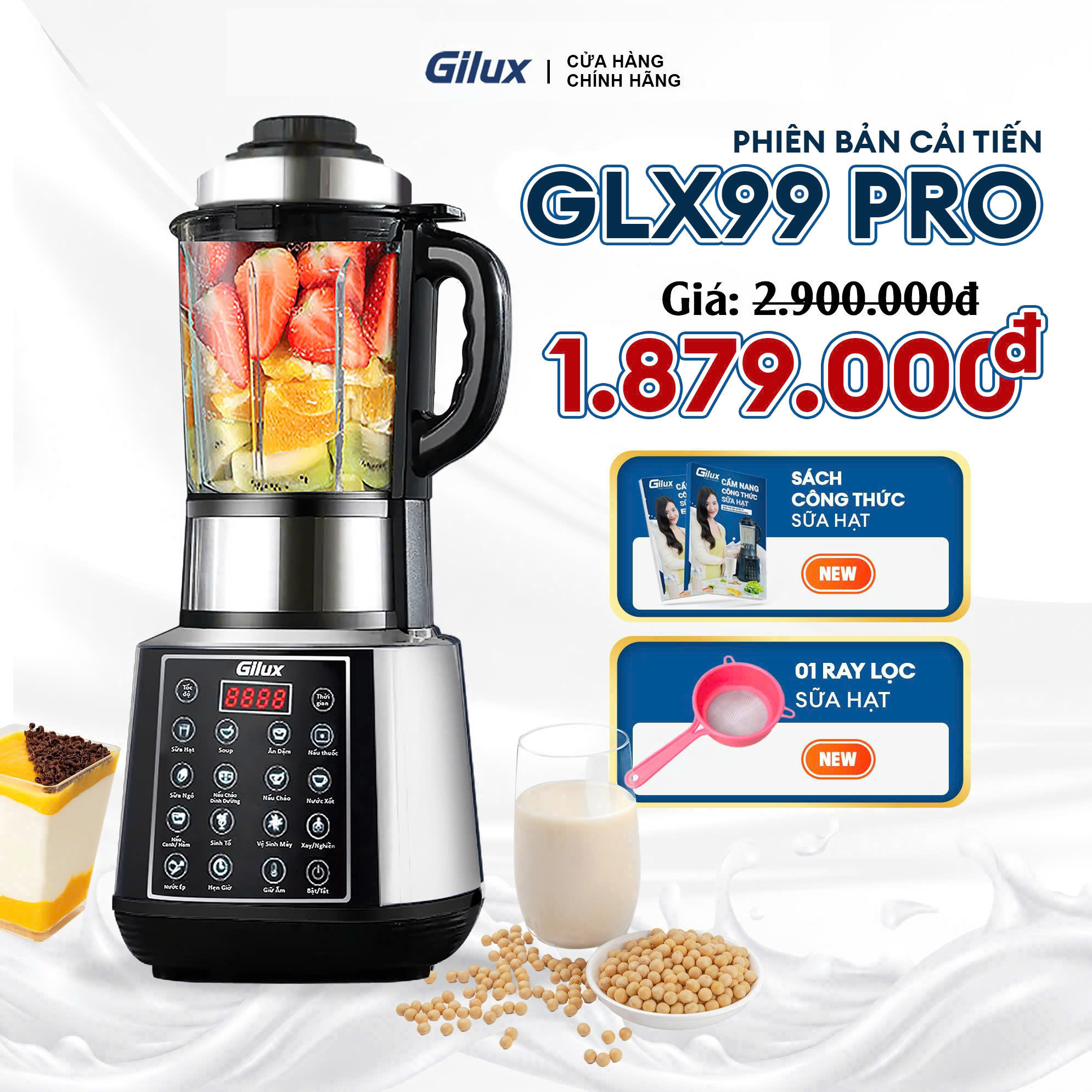 Máy làm sữa hạt đa năng Gilux  + TẶNG sách công thức sữa hạt - Máy 15 chức năng nấu tự động - 