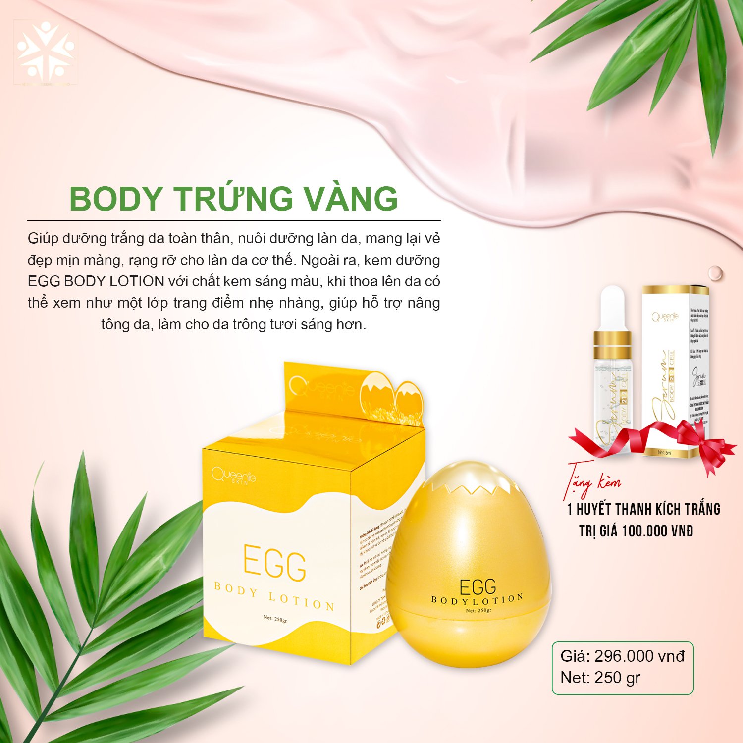 Body Trứng Vàng Với Công Nghệ Phủ Màng Sinh Học Kép Giúp Dưỡng Trằng Bảo Vệ Da Suốt 6H - Đều Màu Da - Phục Hồi Da Cháy Nắng - Làm Lớp Makeup Che Khuyết Điểm Queenie Skin Egg Body Lotion 250Gr