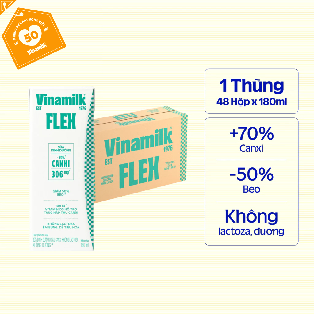 Thùng 48 Hộp Sữa Dinh Dưỡng Flex Giàu Canxi Không Lactoza 180ml| Có thể nhận bao bì cũ/mới