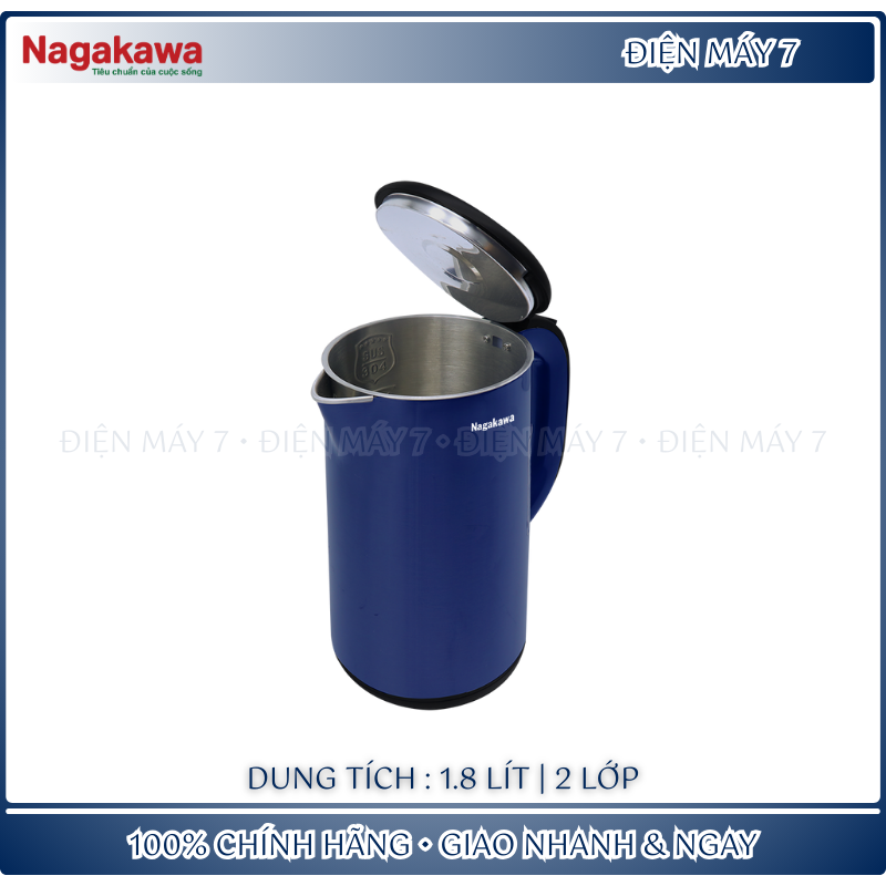 Ấm Đun Nước Siêu Tốc Nagakawa NAG0321 1.8L- Thân Ấm 2 Lớp Ruột Ấm Inox 304