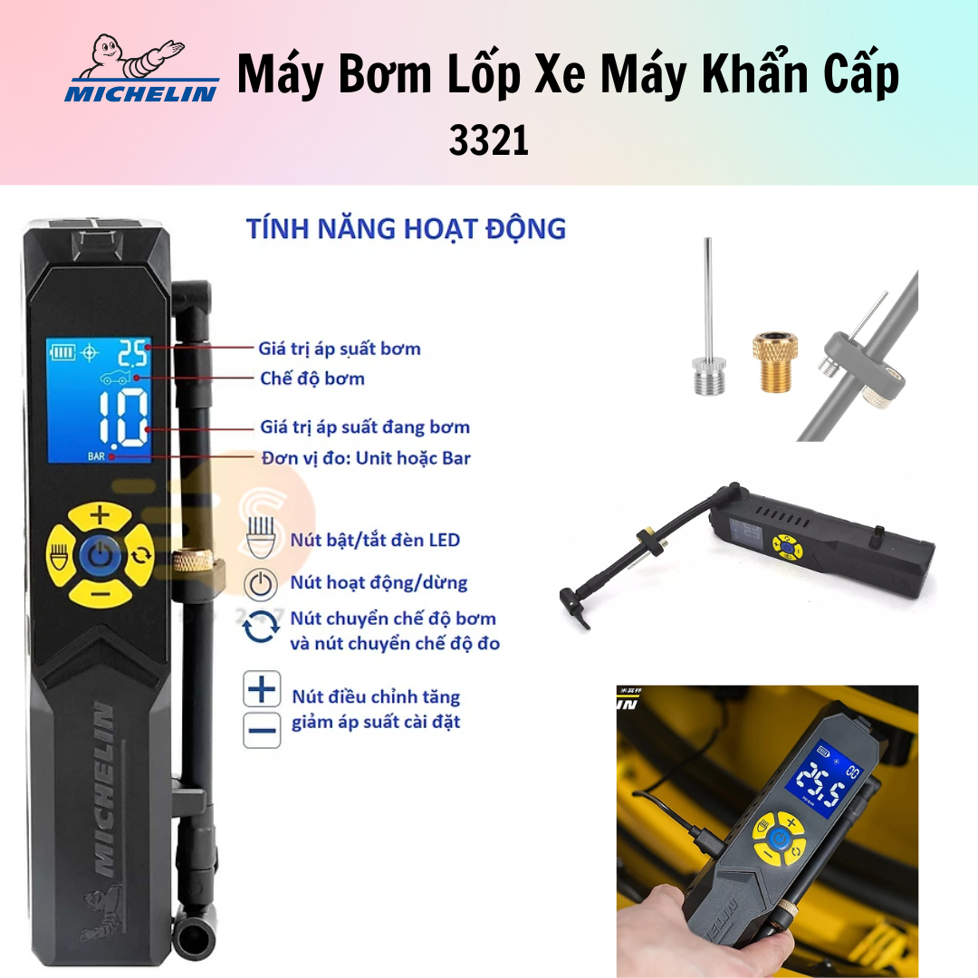 Máy Bơm Lốp Xe Máy Khẩn Cấp Tự Ngắt Michelin 12320 / 3321 - Hàng Chính Hãng - Có Đèn LED Nhỏ Gọn Thô