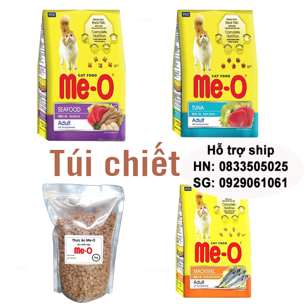 (túi chia 1kg) thức ăn mèo Me-0 (3 vị) Cá ngừ Hải sản cá thu (Túi zip chiết lẻ từ bao 7kg)