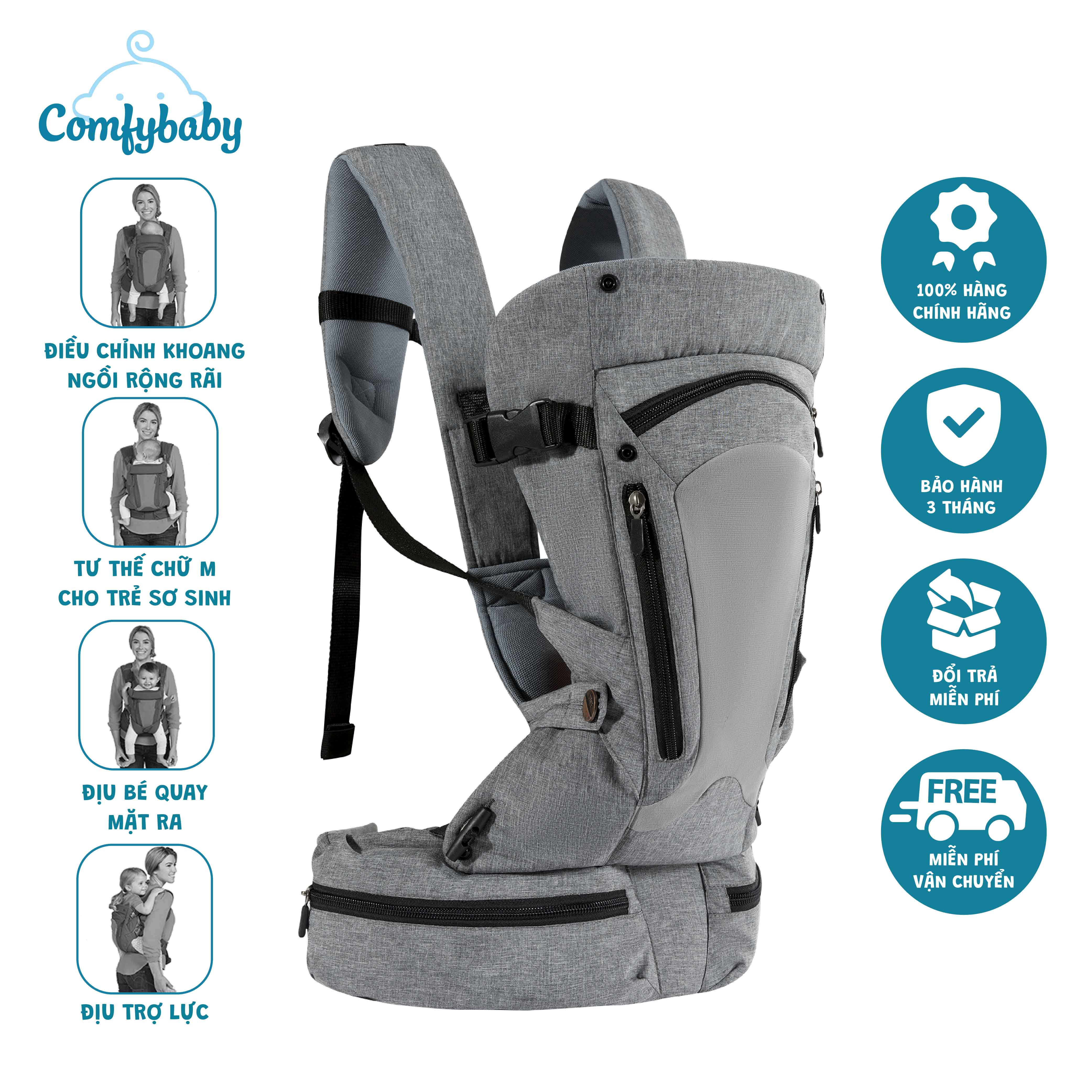Địu em bé 3 tư thế chống vòng kiềng chất liệu Air Mesh thoáng khí cao cấp Comfybaby 602 - Địu trợ lực cho bé