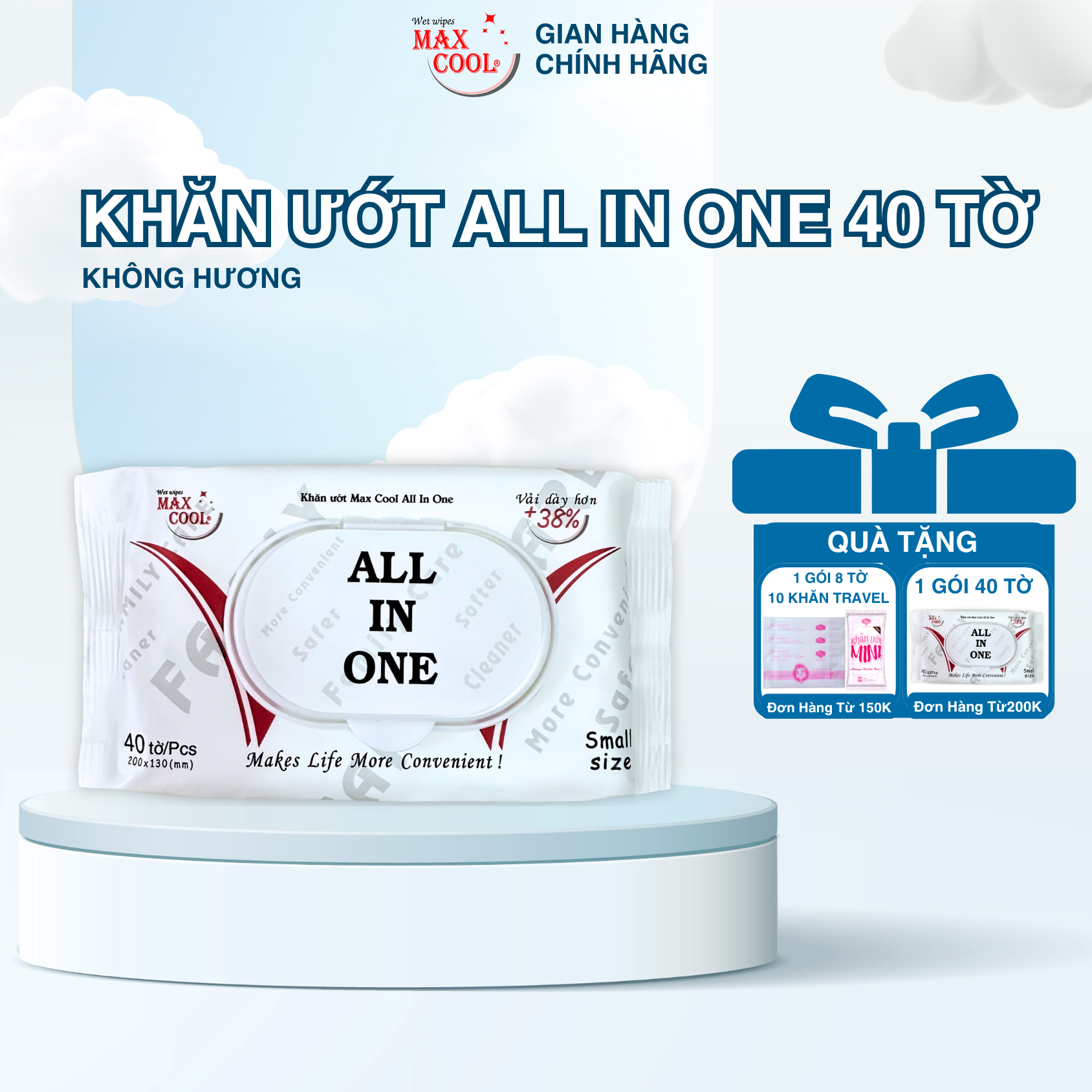 1 Gói Khăn giấy ướt Max Cool ALL IN ONE 40 tờ size vừa không hương hàng chính hãng